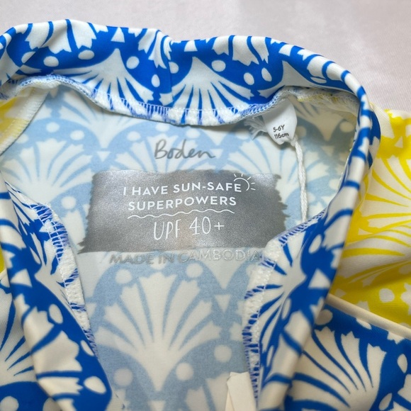 NWT Boden Girls 5-6 Years Blue and Yellow Hotchpotch Long Sleeve Swim Rash Guard - Picture 3 of 6